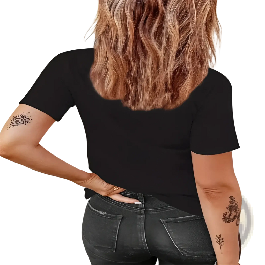 Plus size printed karma crew neck t-shirt in black short-sleeved simple fitted design for casual wear