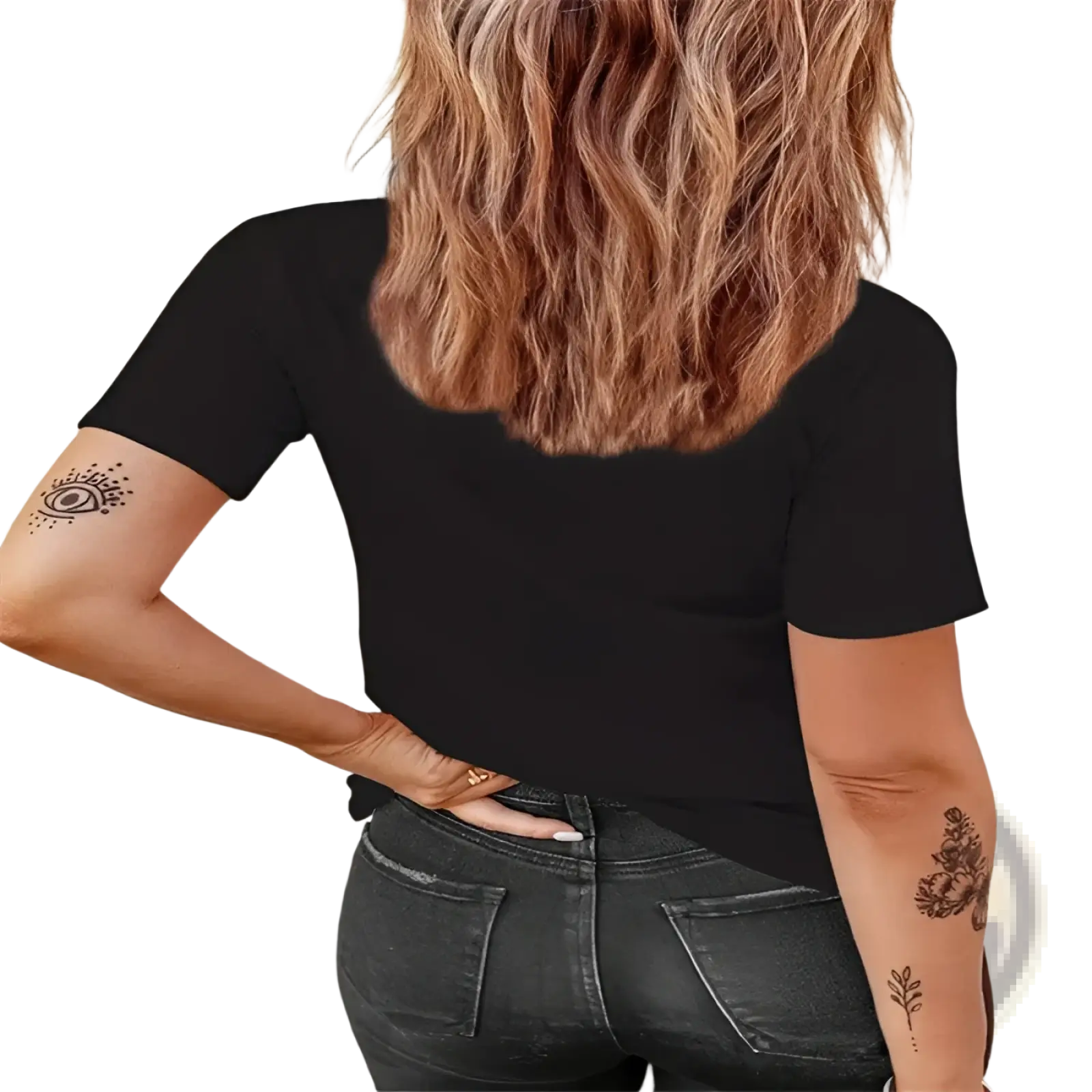 Plus size printed karma crew neck t-shirt in black short-sleeved simple fitted design for casual wear