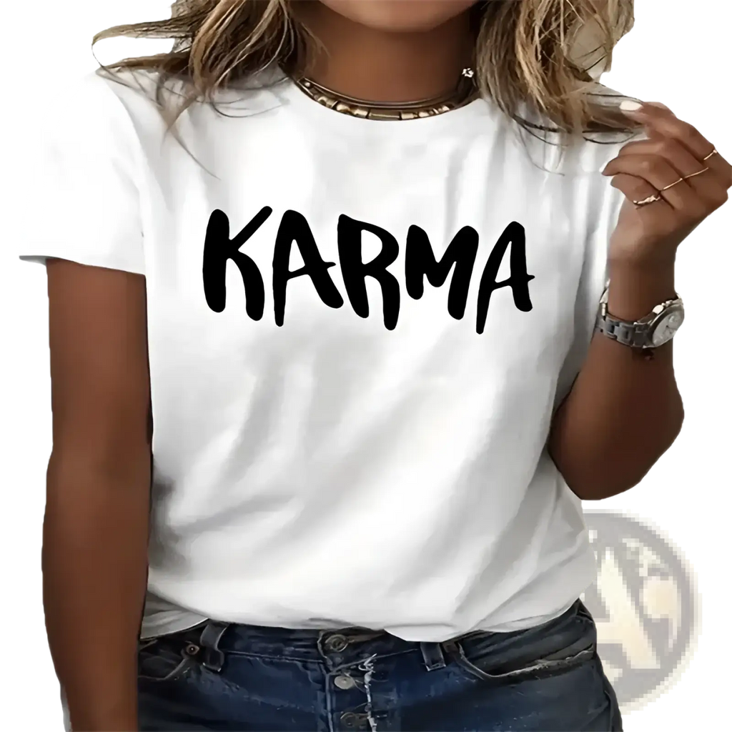 Plus size white cotton crew neck t-shirt with bold black karma lettering printed across the chest