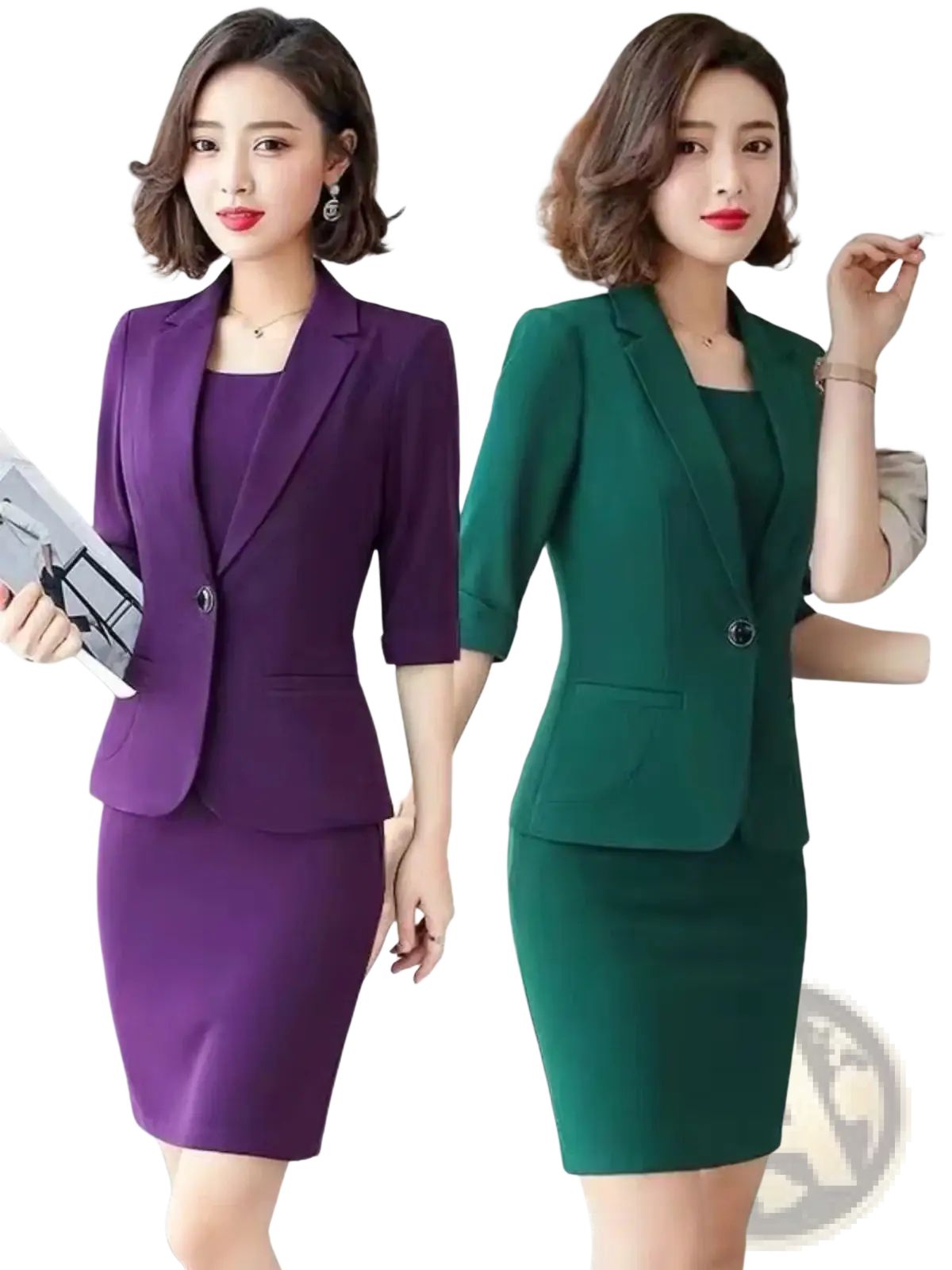 Plus size professional skirt suit set in purple and green featuring tailored blazers with three-quarter sleeves and pencil skirts
