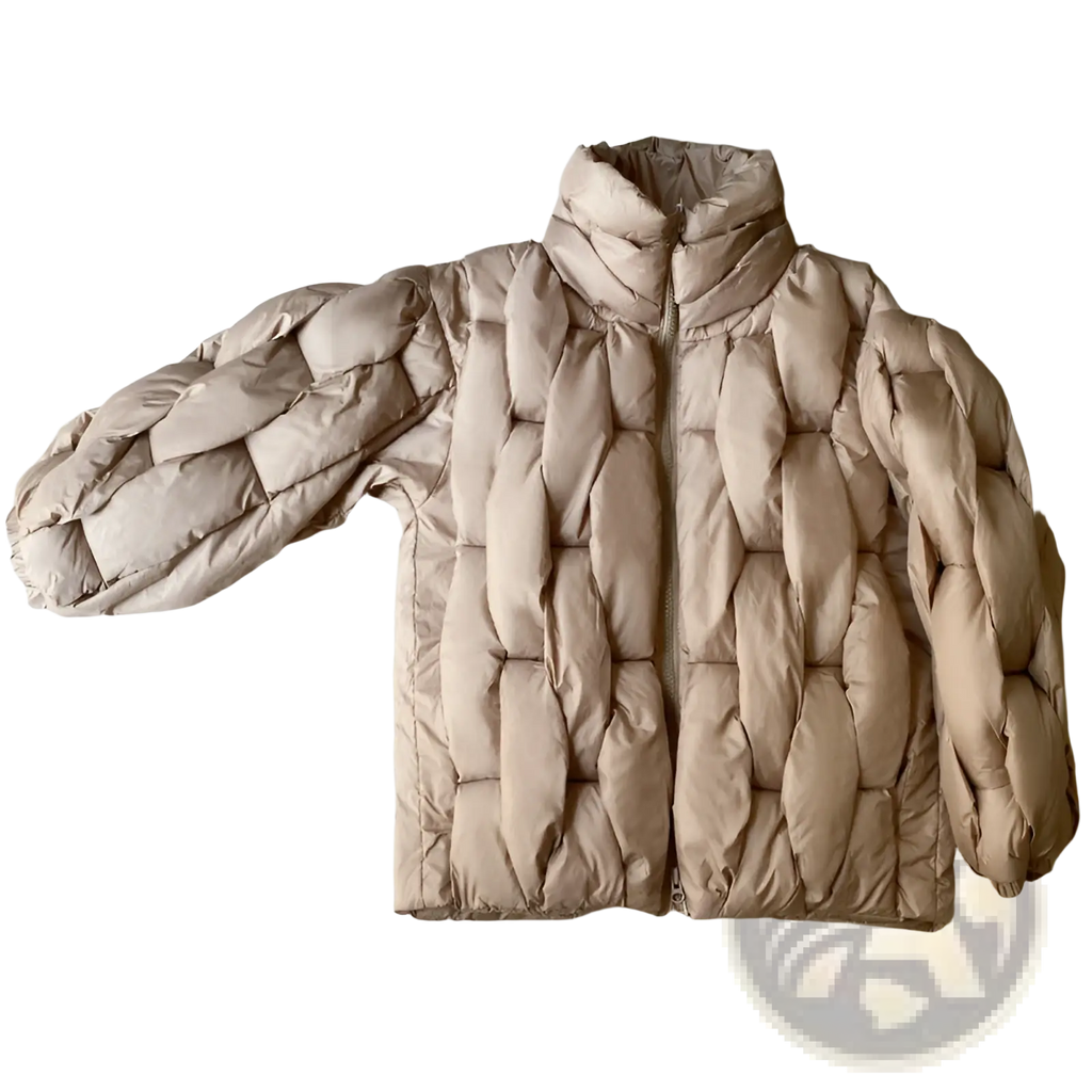 Plus size beige quilted puffer jacket with high collar and segmented stitching for added warmth and style