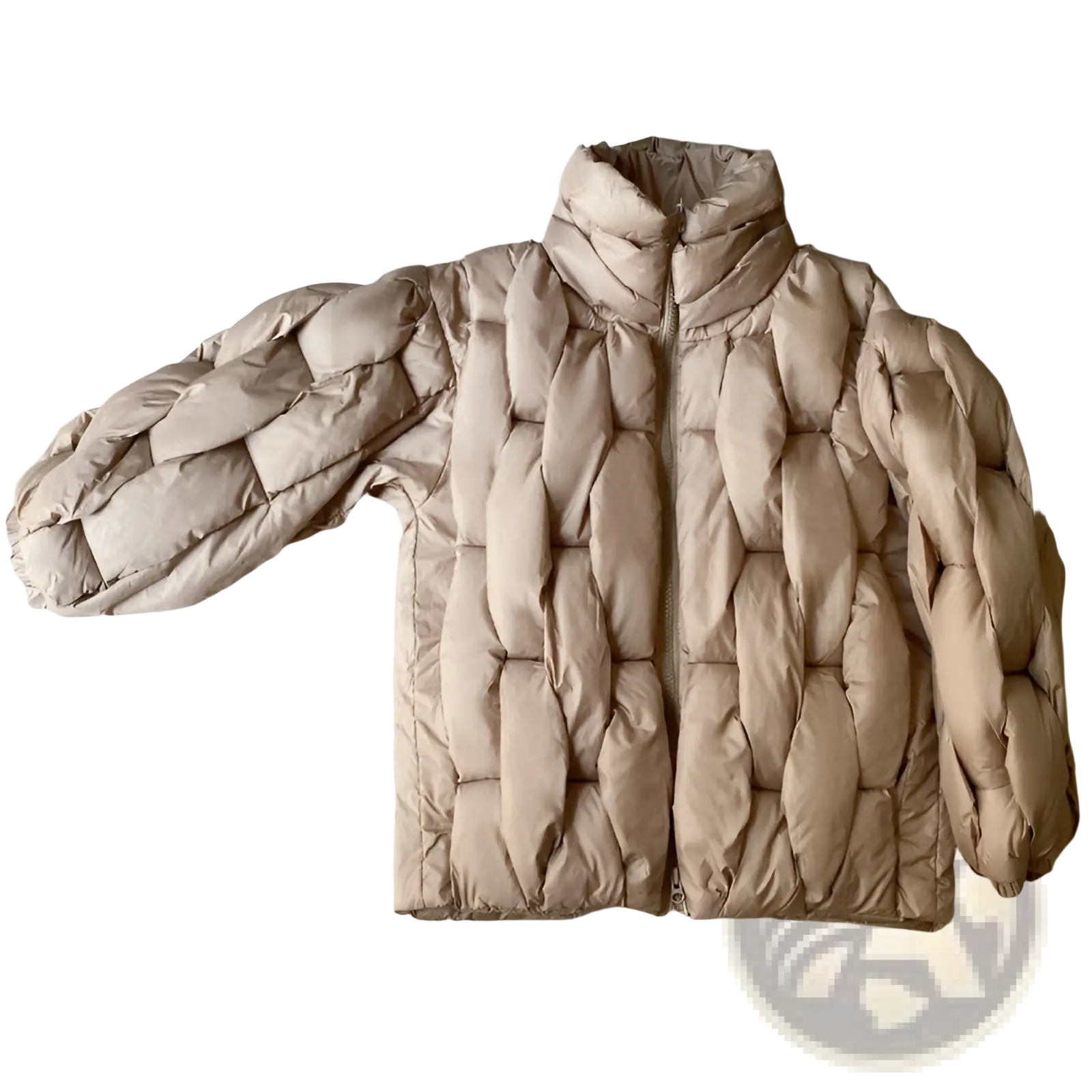 Plus size beige quilted puffer jacket with high collar and segmented stitching for added warmth and style
