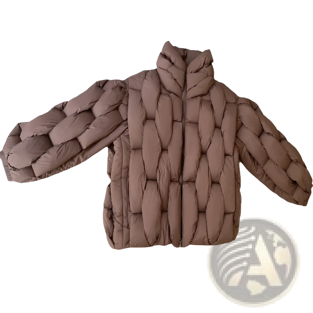 Plus size taupe quilted puffer jacket with braided design and high collar for cozy cold weather wear