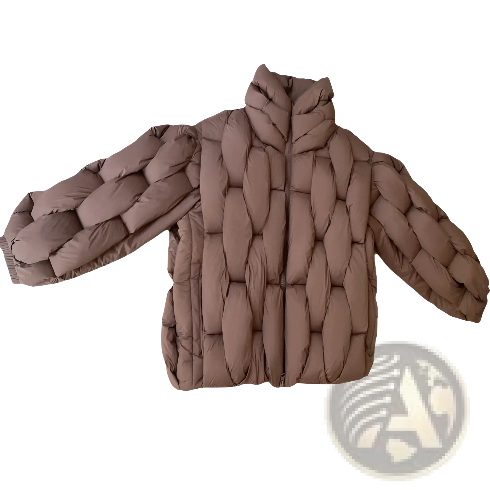 Plus size taupe quilted puffer jacket with braided design and high collar for cozy cold weather wear