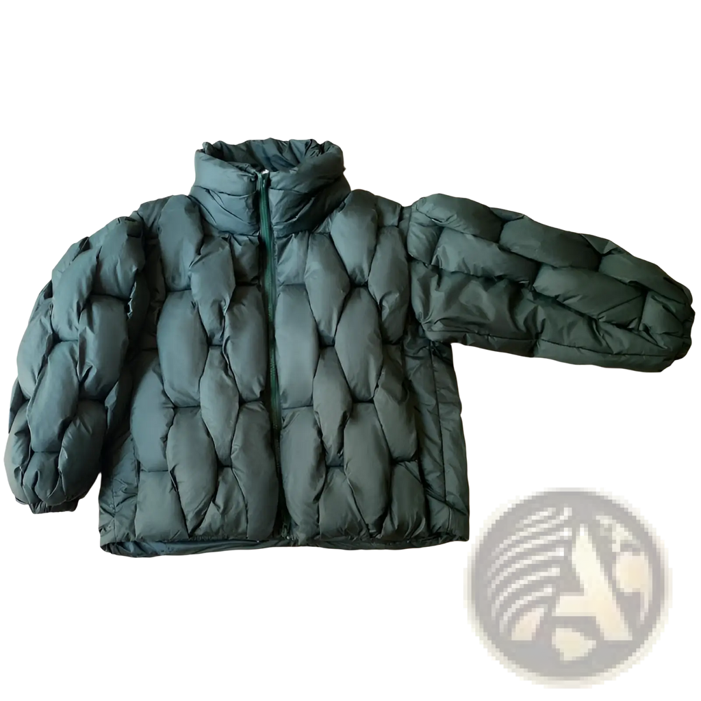 Plus size dark green quilted puffer jacket with high collar and zipper closure for cold weather wear