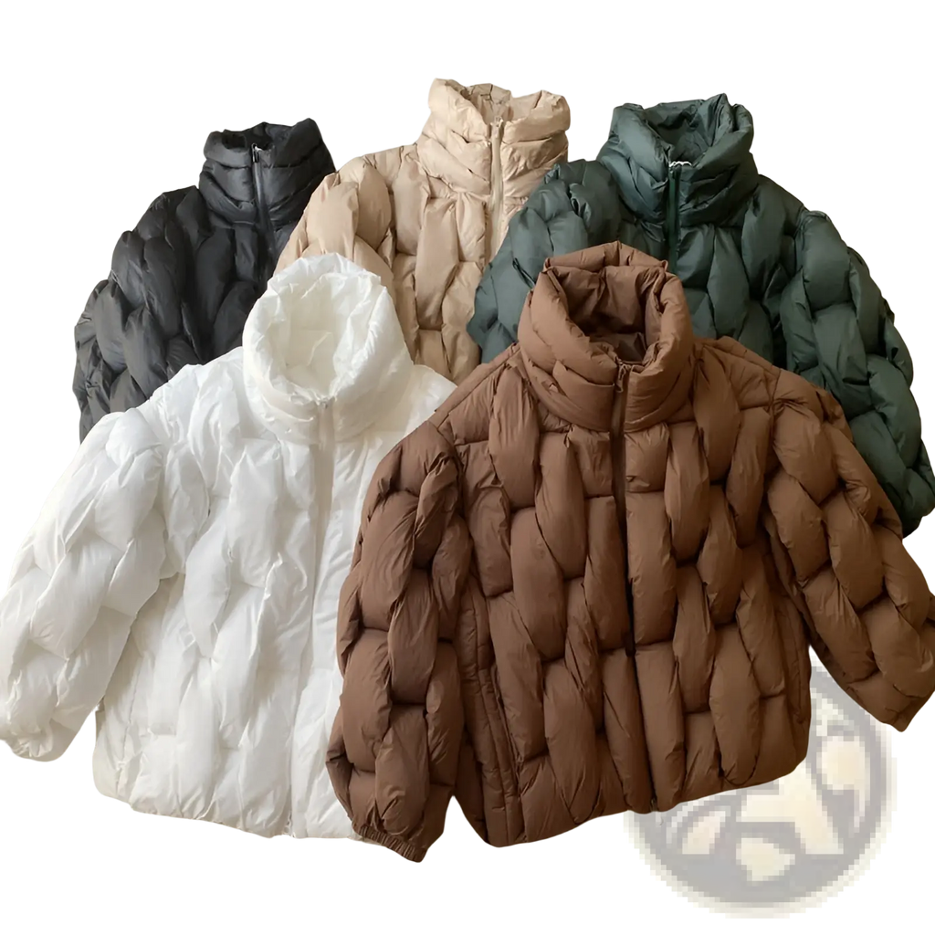 Plus size quilted puffer jackets in black beige dark green white and brown displayed on a tiled floor