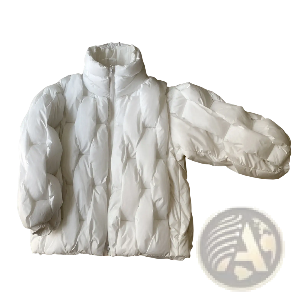 Plus size white quilted puffer jacket with high collar and zipper front for cold weather comfort