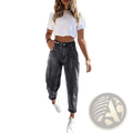 Plus size retro washed tapered dark gray denim jeans high waisted with relaxed fit and rolled cuffs