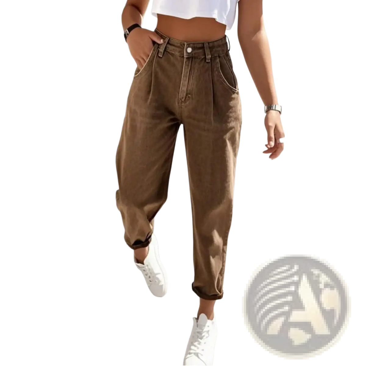 Brown high-waisted retro washed denim jeans with a relaxed tapered fit and cuffed hems in plus size