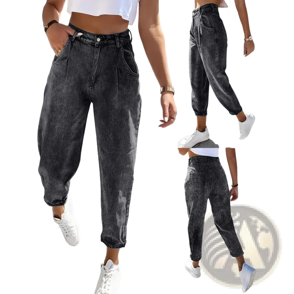 Plus size retro washed tapered denim jeans in dark gray high waisted denim with a faded wash and rolled cuffs