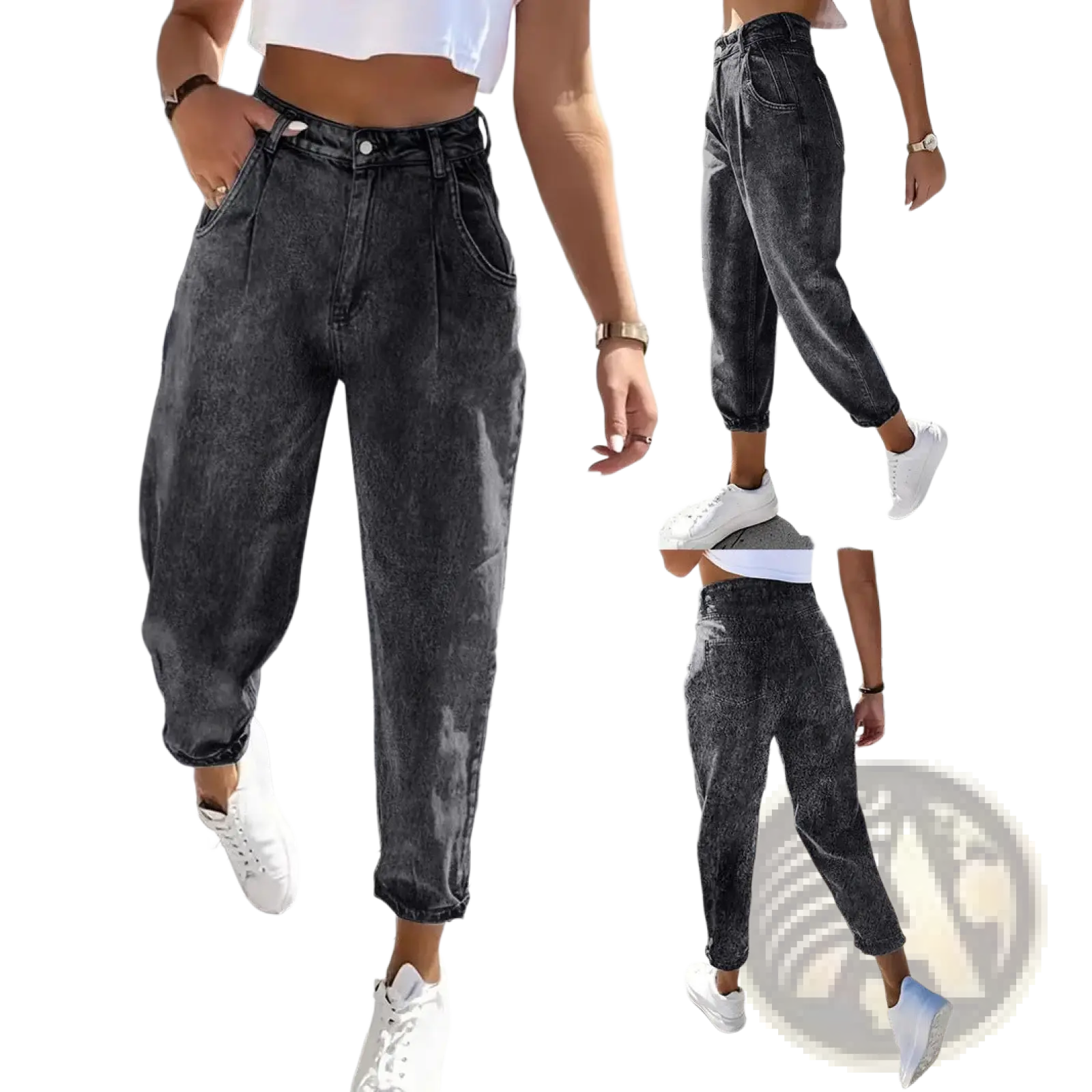 Plus size retro washed tapered denim jeans in dark gray high waisted denim with a faded wash and rolled cuffs