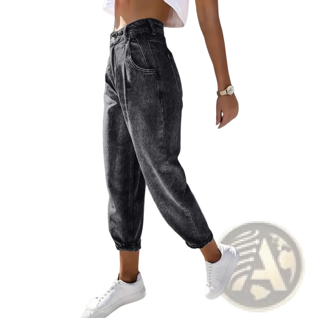 Plus size retro washed high-waisted dark gray denim jeans with relaxed tapered fit and cuffed hems