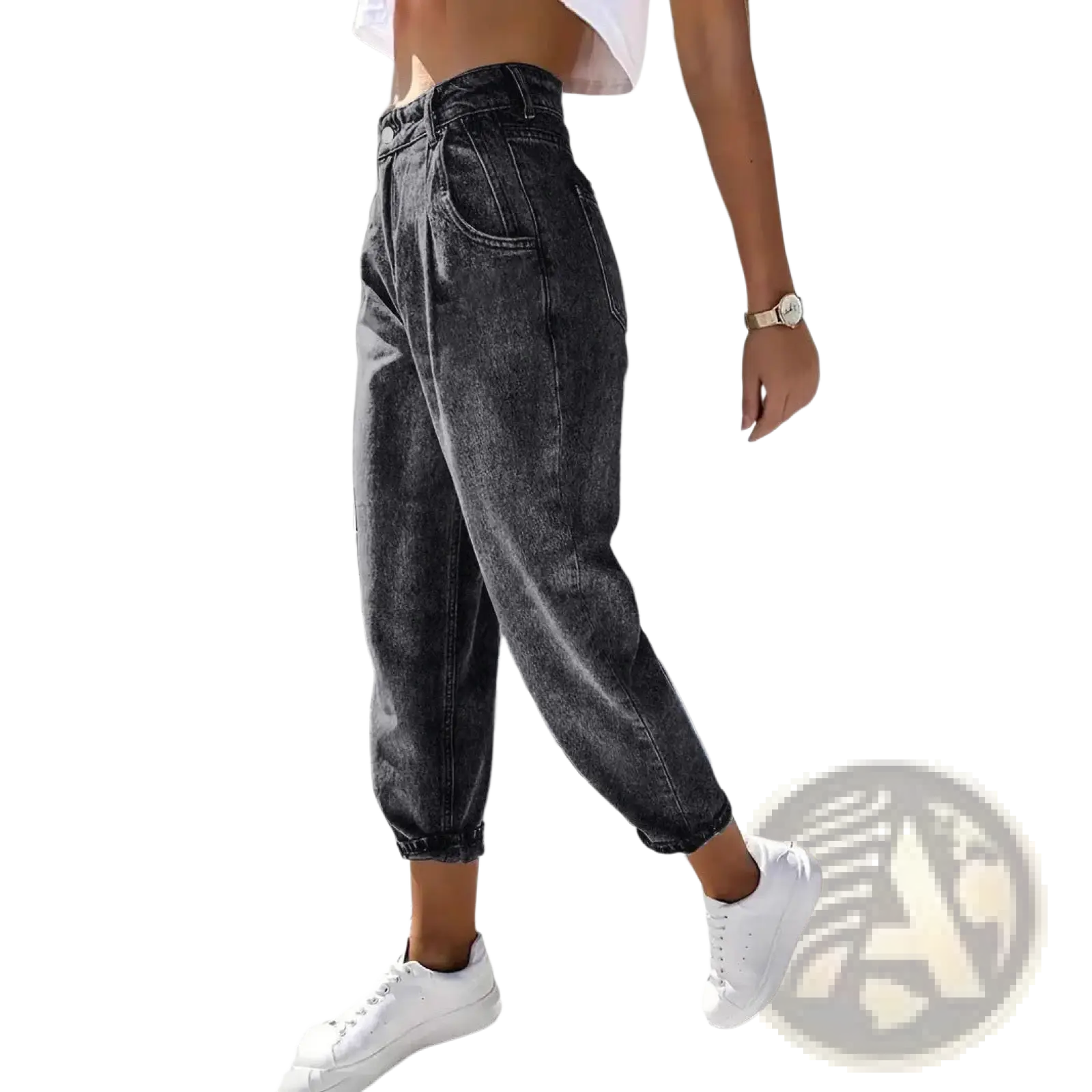 Plus size retro washed high-waisted dark gray denim jeans with relaxed tapered fit and cuffed hems