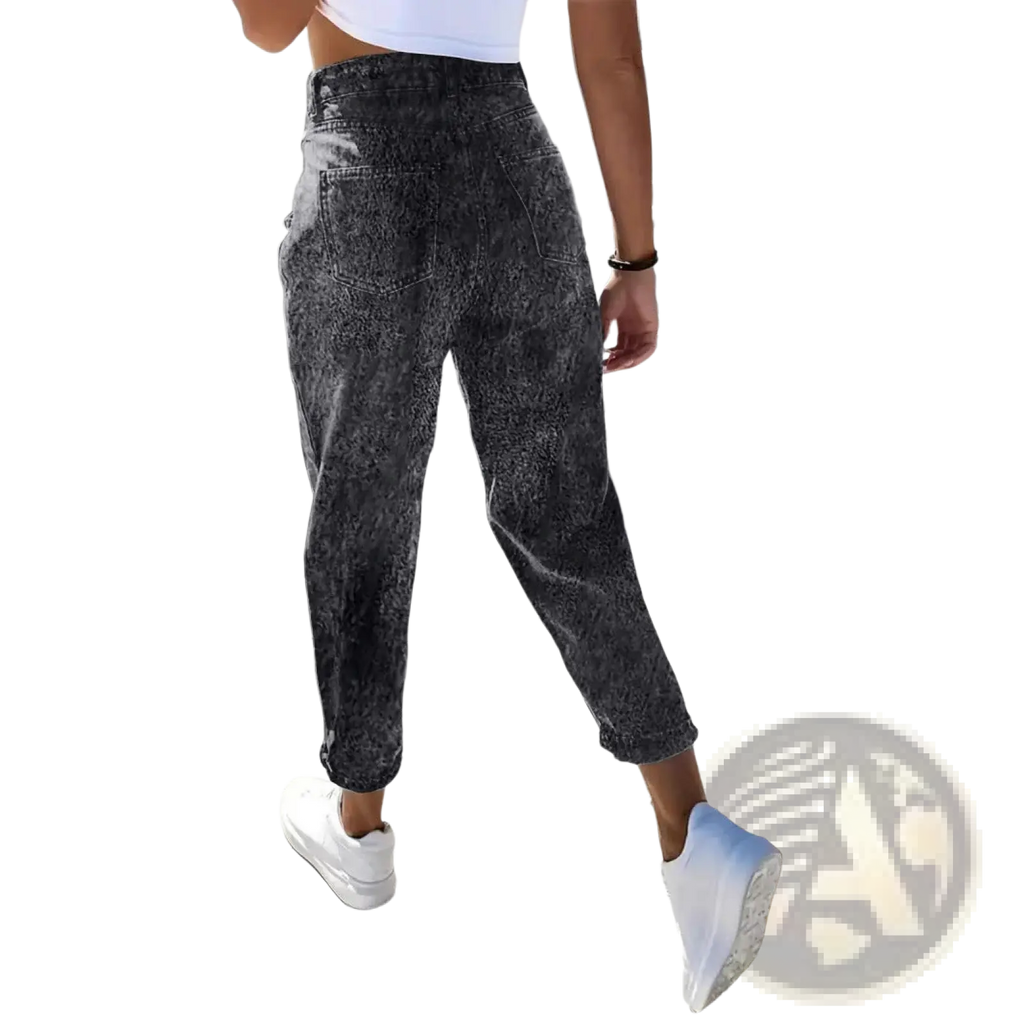 Plus size retro washed tapered high waisted dark gray denim jeans with faded texture and rolled cuffs
