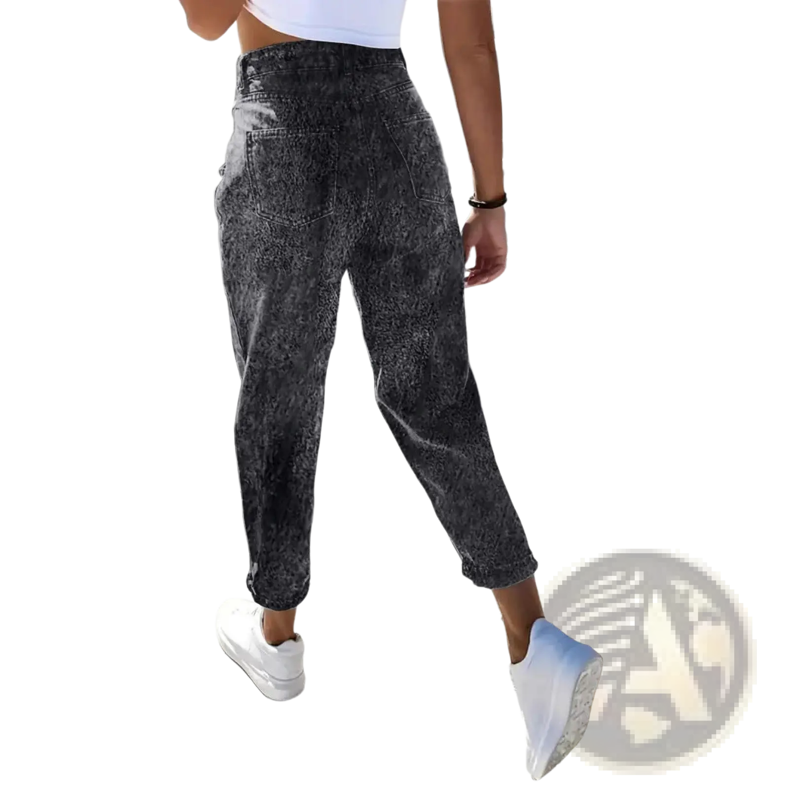 Plus size retro washed tapered high waisted dark gray denim jeans with faded texture and rolled cuffs