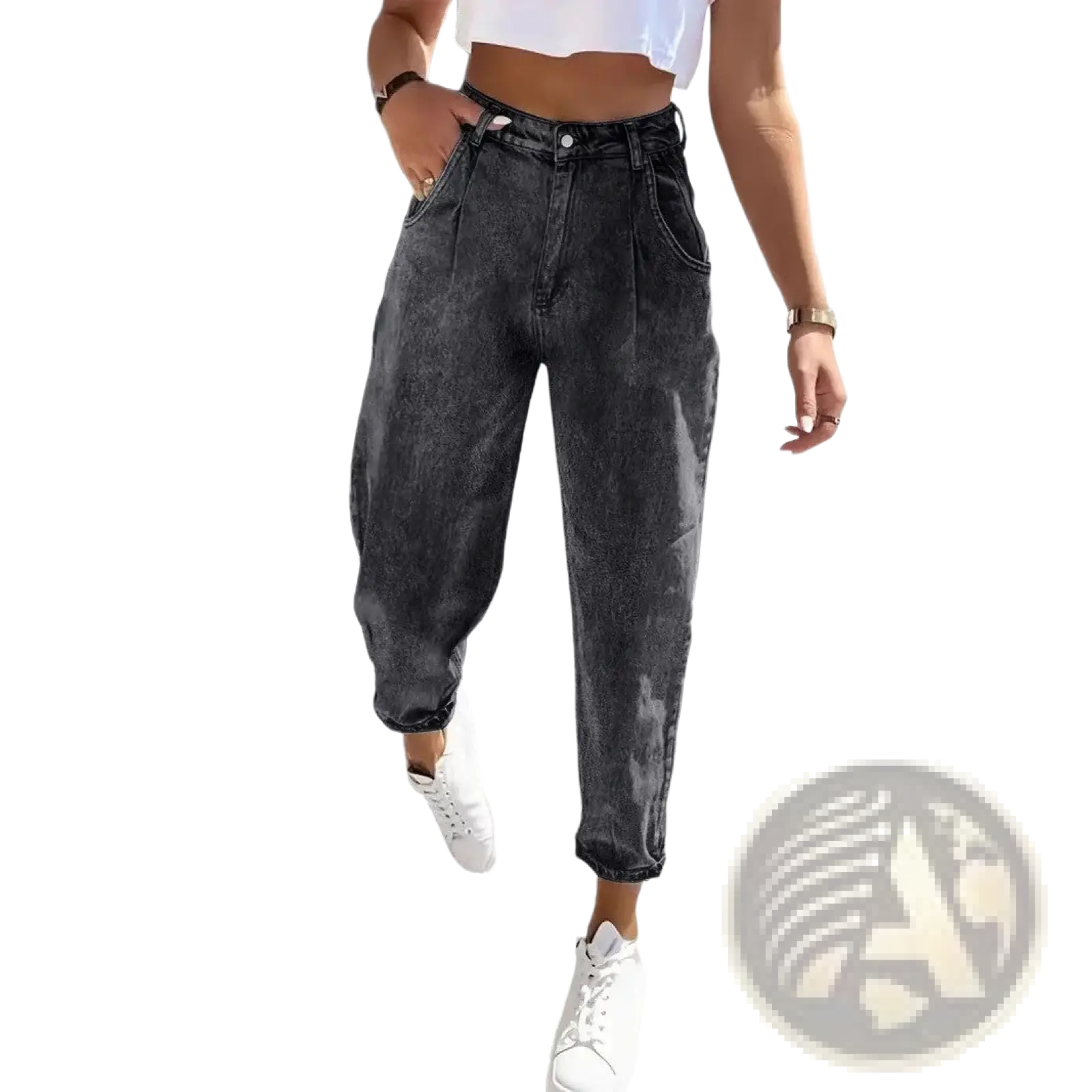 Plus size retro washed tapered denim jeans featuring high-waisted black denim with faded distressed finish and cuffed hems