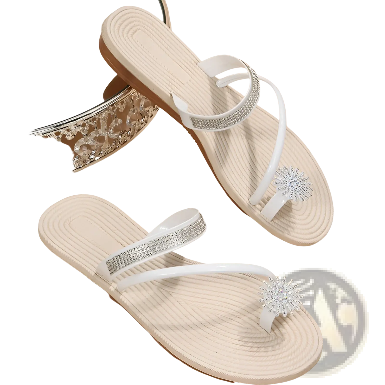 Plus size white rhinestone strappy summer sandals with sparkling embellishments on toe and ankle straps