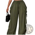 Plus size ruched athletic pants in olive green with drawstring waist and side pockets for comfortable wear
