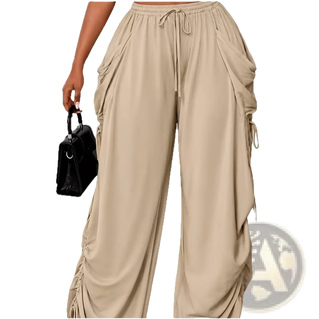 Plus size beige wide-leg cargo pants with drawstring waist and ruched side pockets for athletic wear