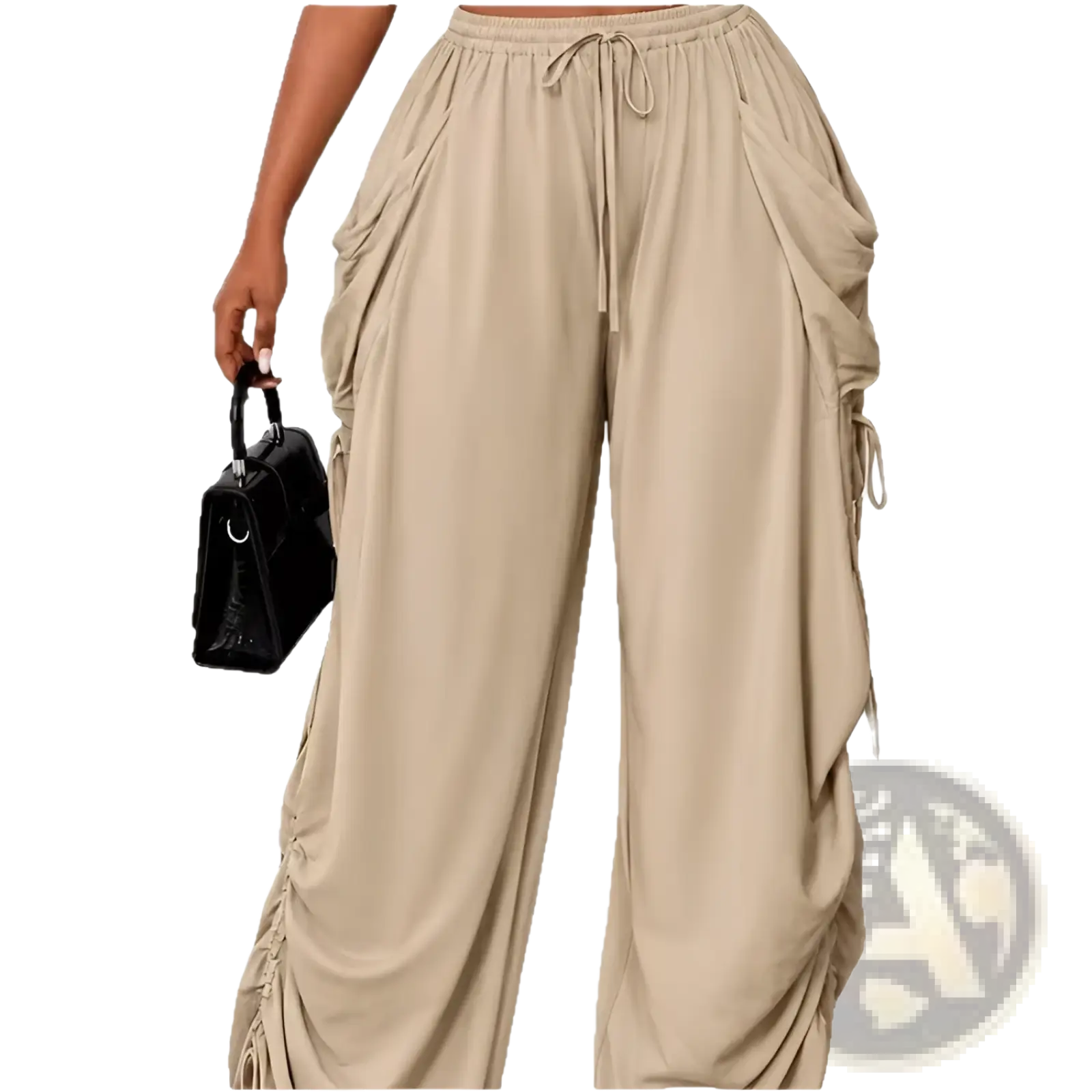 Plus size beige wide-leg cargo pants with drawstring waist and ruched side pockets for athletic wear