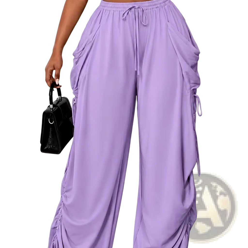 Lavender plus size ruched athletic pants featuring drawstring waist and side pockets made from soft fabric