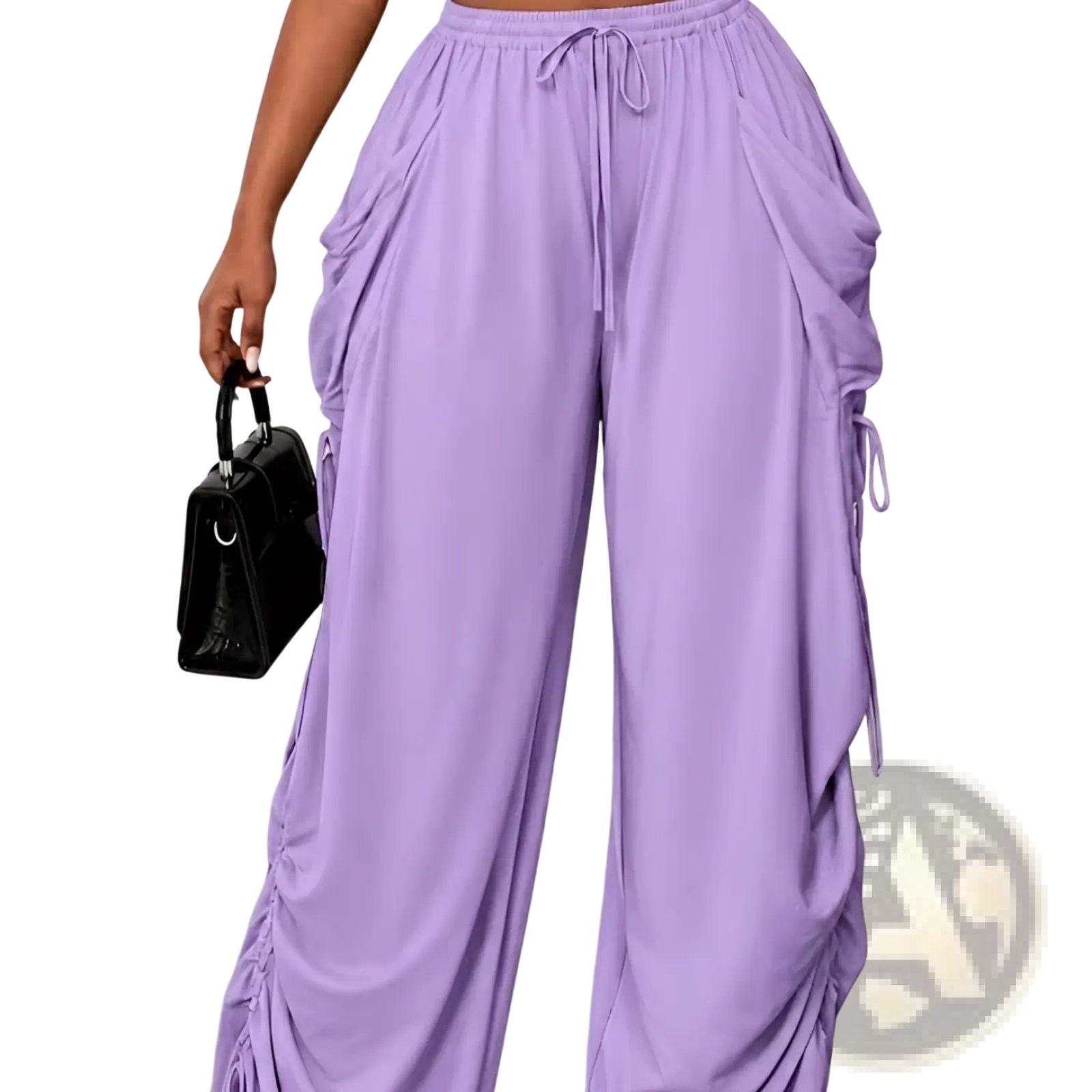 Lavender plus size ruched athletic pants featuring drawstring waist and side pockets made from soft fabric