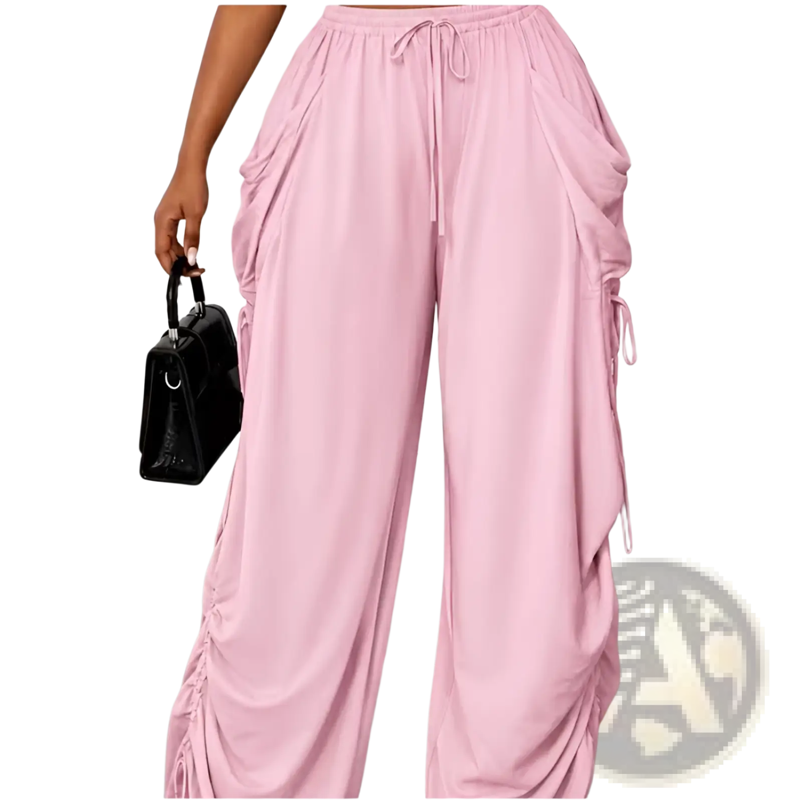 Soft pink plus size ruched athletic pants with flowing fabric side panels and adjustable drawstring waist