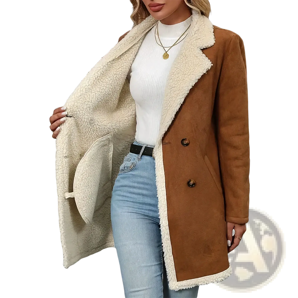 Plus size shearling winter coat in brown with cream fleece lining and black buttons for cold weather wear