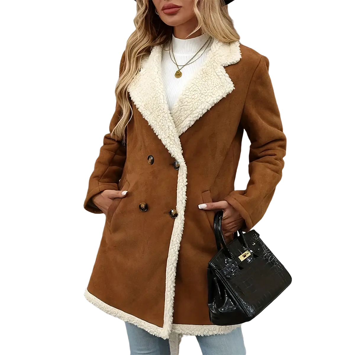 Plus size brown shearling winter coat with plush white fleece collar and cuffs for cold weather wear