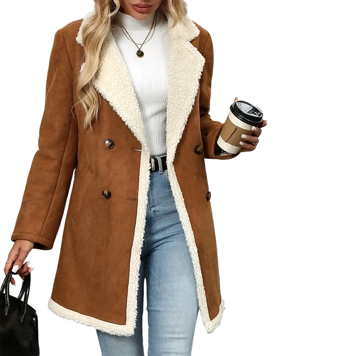 Plus size brown shearling winter coat with plush white interior lining and dark brown buttons for cold weather wear