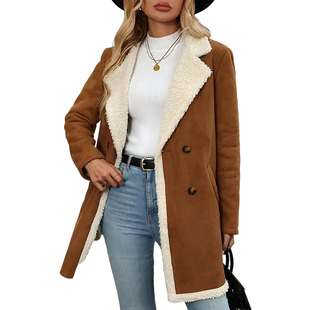 Plus size shearling winter coat in brown with a soft plush white interior and dark brown buttons