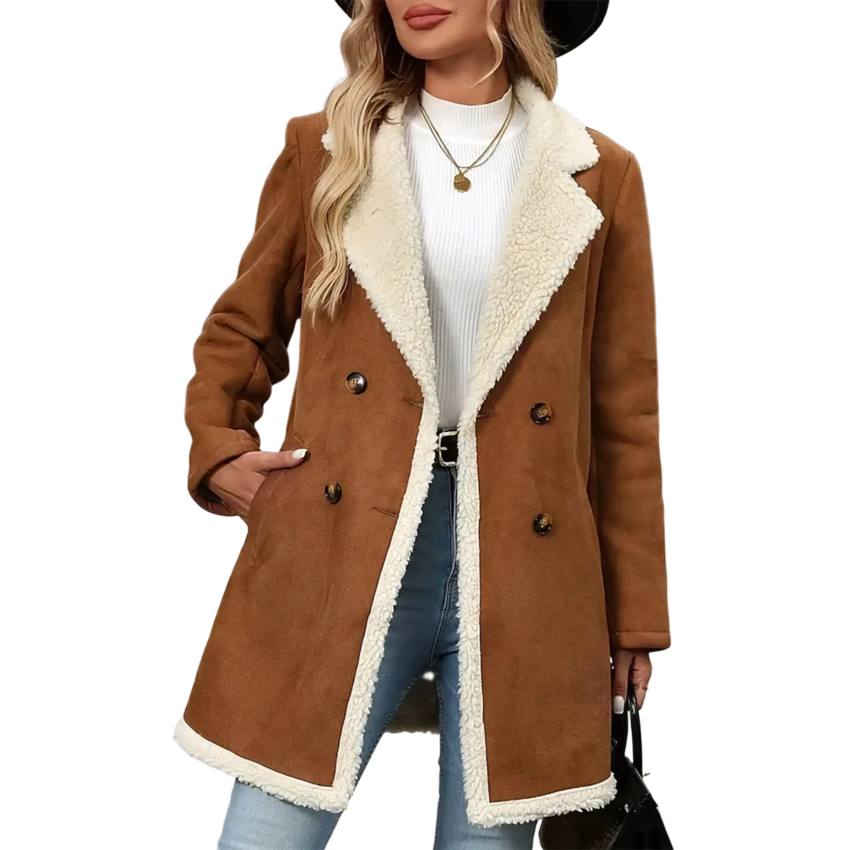 Plus size shearling winter coat brown double breasted with plush white interior and dark brown buttons