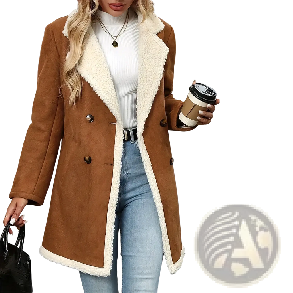Plus size brown shearling winter coat with plush white interior lining and dark brown buttons for cold weather wear