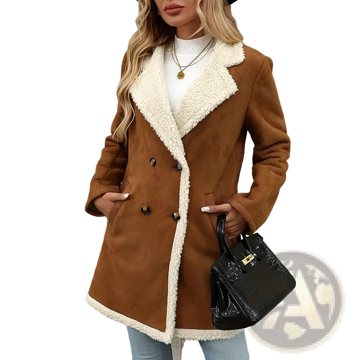 Plus size brown shearling winter coat with plush white fleece collar and cuffs for cold weather wear