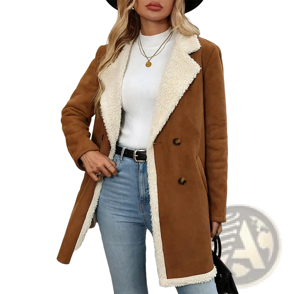 Plus size shearling winter coat in brown with a soft plush white interior and dark brown buttons
