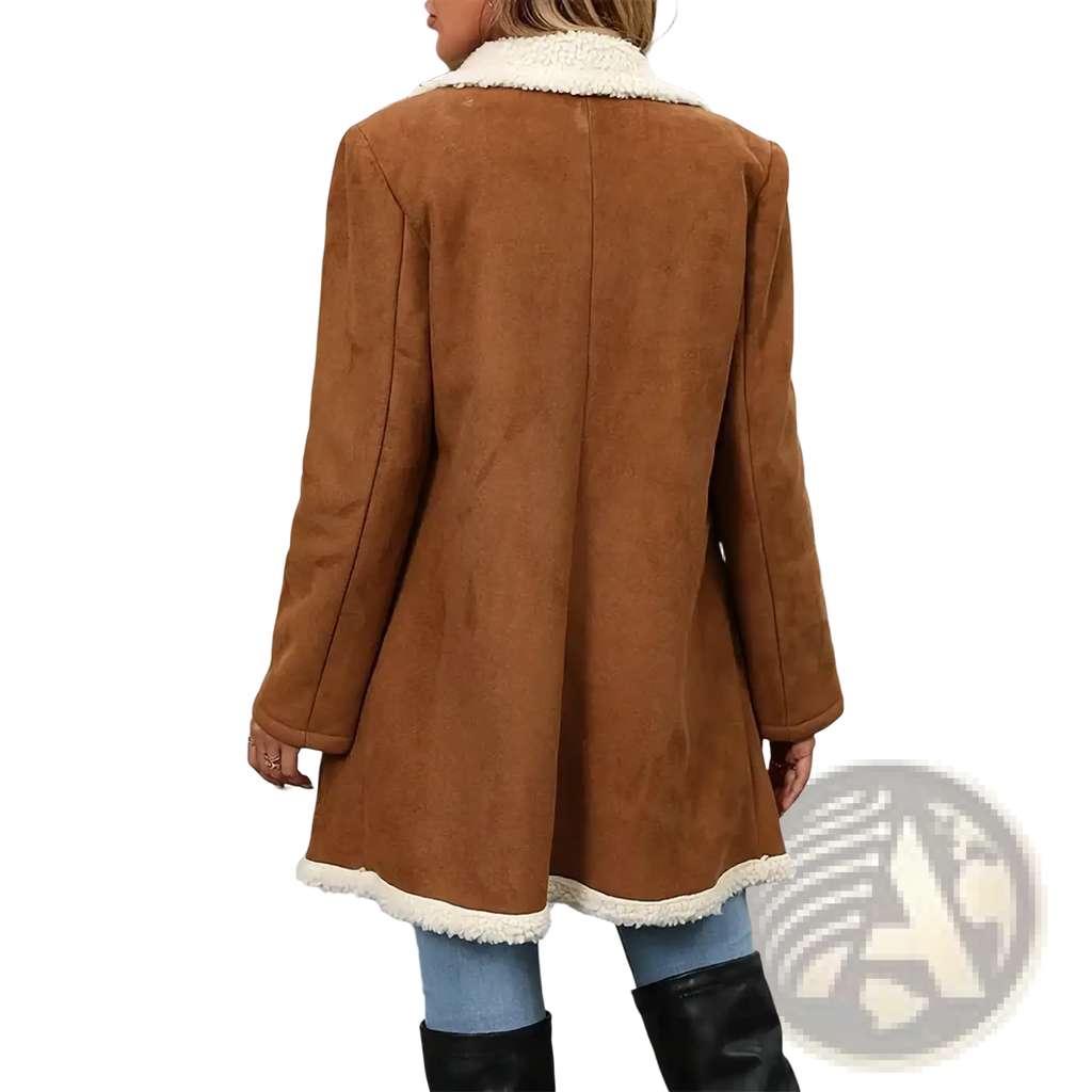 Plus size shearling winter coat in brown suede with cream-colored shearling collar and hem for cold weather wear