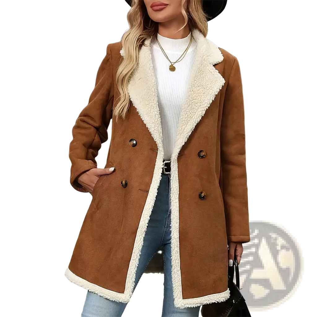 Plus size shearling winter coat brown double breasted with plush white interior and dark brown buttons