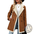 Plus size shearling winter coat brown double breasted with plush white interior and dark brown buttons