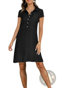Plus size black short sleeve tencel denim dress with button front and subtle texture in a polo neck style