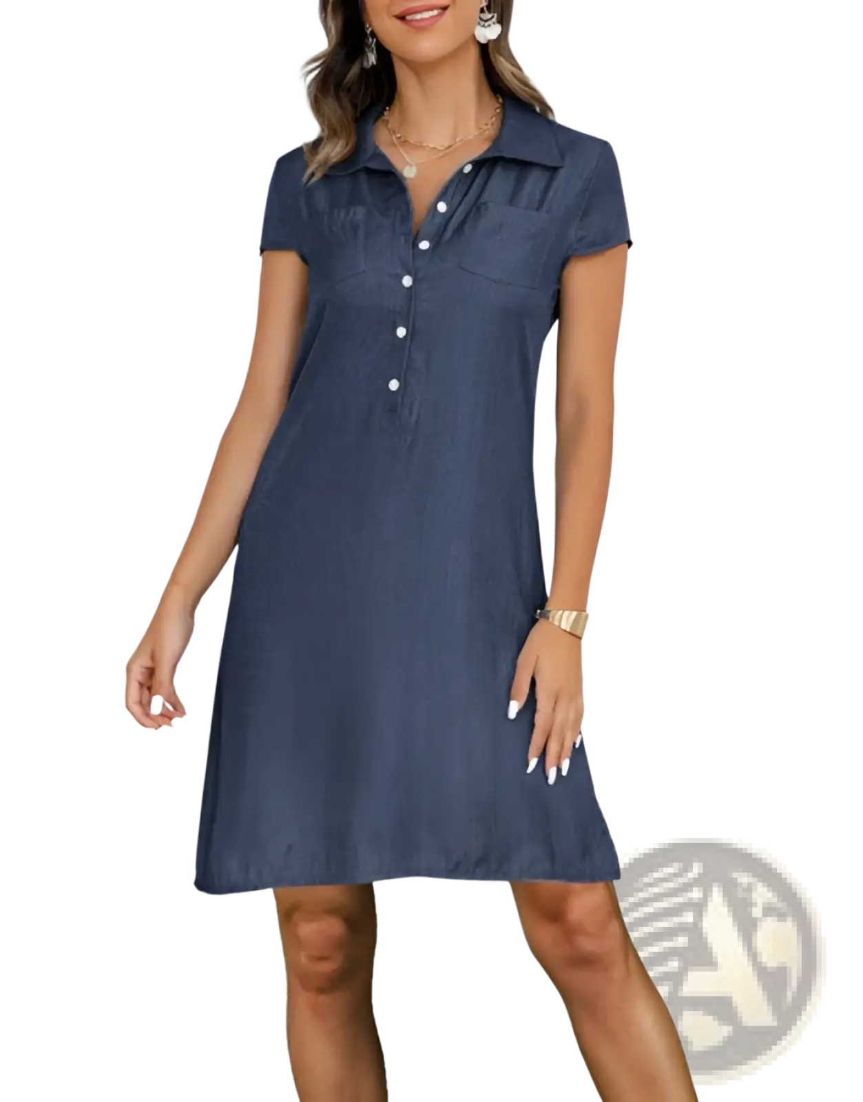 Plus size short sleeve button front dress in navy blue tencel denim with collar and front pockets