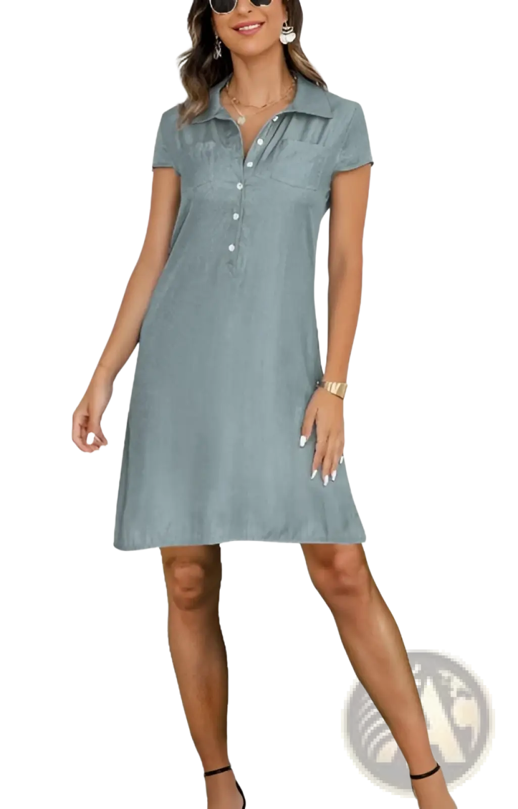 Plus size light blue tencel denim dress with short sleeves collar and button front detailing