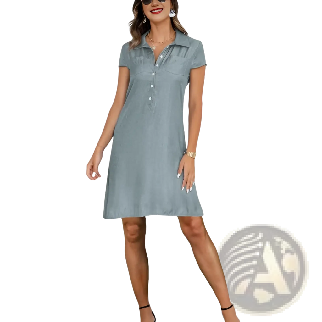Plus size short sleeve button front tencel denim dress featuring a collar in a classic blue wash