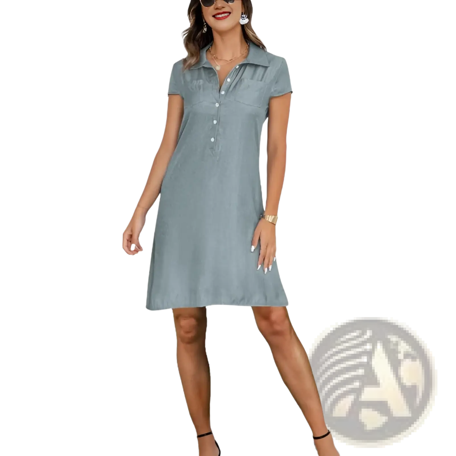 Plus size short sleeve button front tencel denim dress featuring a collar in a classic blue wash
