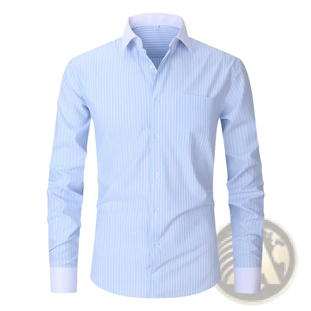 Plus size striped button down shirt featuring a light blue and white vertically striped design with a classic collar