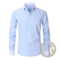 Plus size striped button down shirt featuring a light blue and white vertically striped design with a classic collar