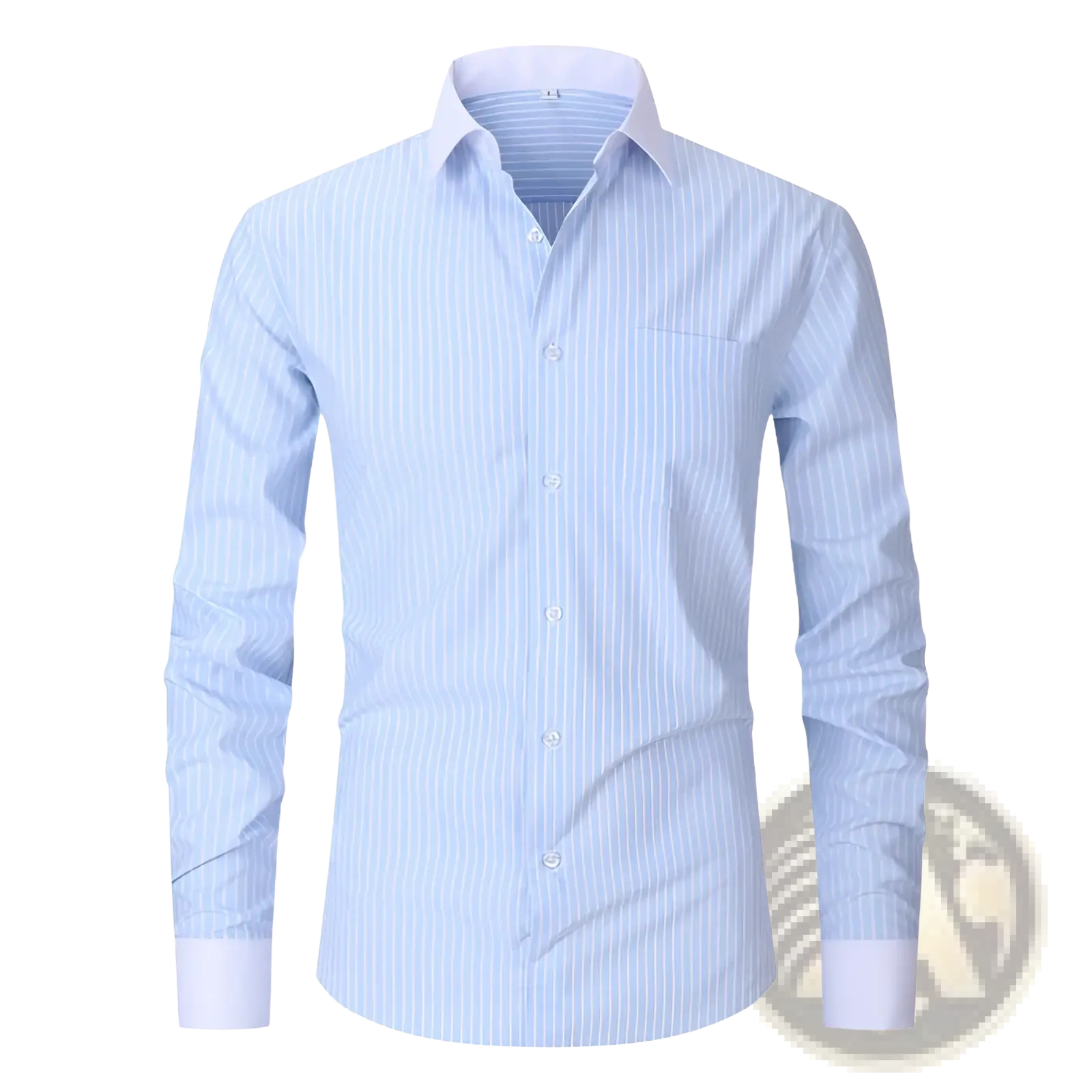 Plus size striped button down shirt featuring a light blue and white vertically striped design with a classic collar