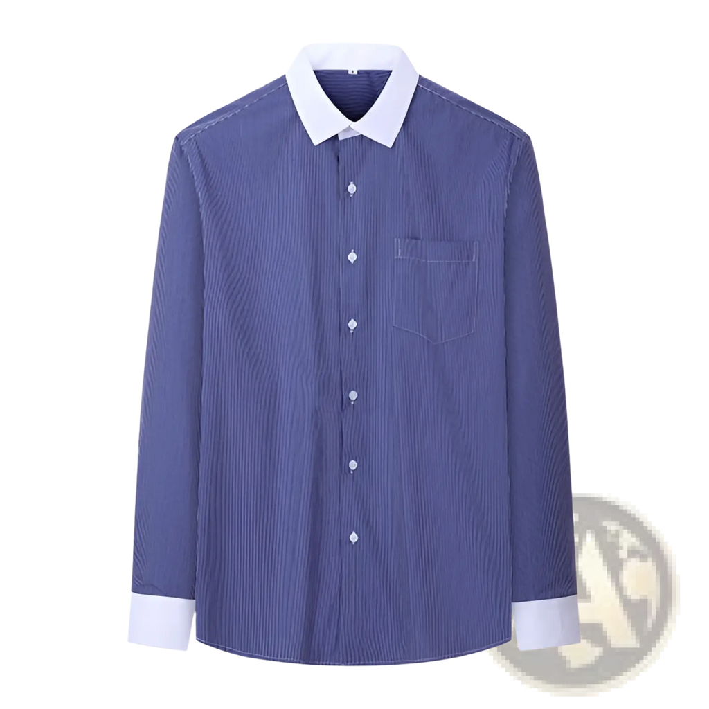 Plus size striped button down shirt in blue and white with long sleeves and contrasting white collar and cuffs