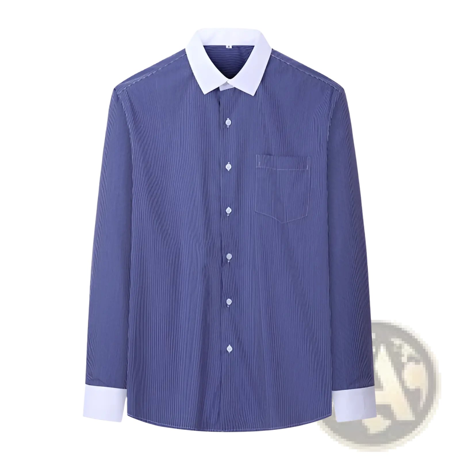Plus size striped button down shirt in blue and white with long sleeves and contrasting white collar and cuffs