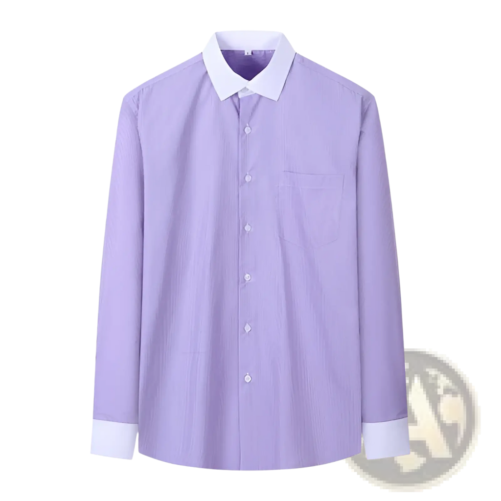 Plus size lavender striped long sleeve button down shirt with white collar and cuffs for formal or casual wear