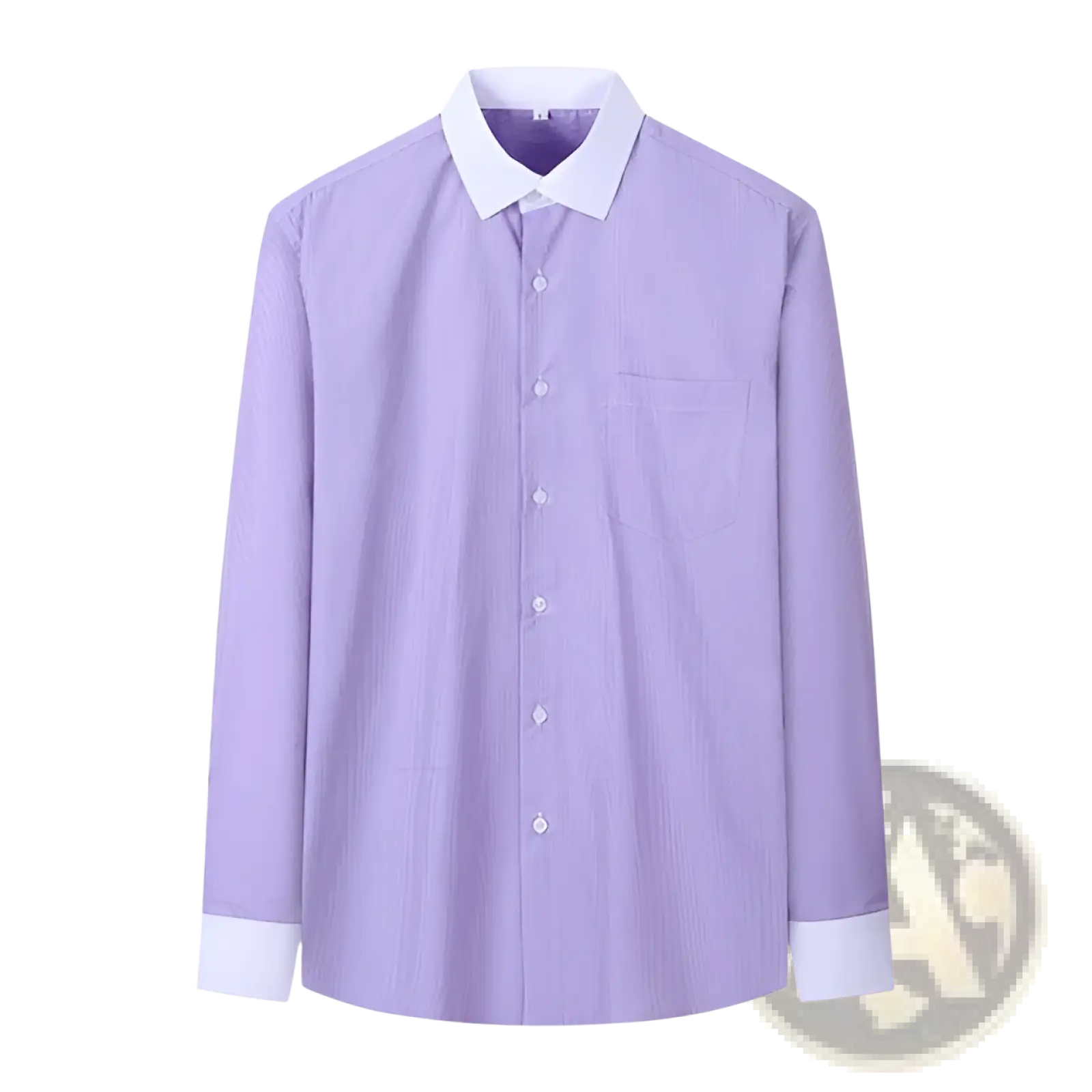Plus size lavender striped long sleeve button down shirt with white collar and cuffs for formal or casual wear